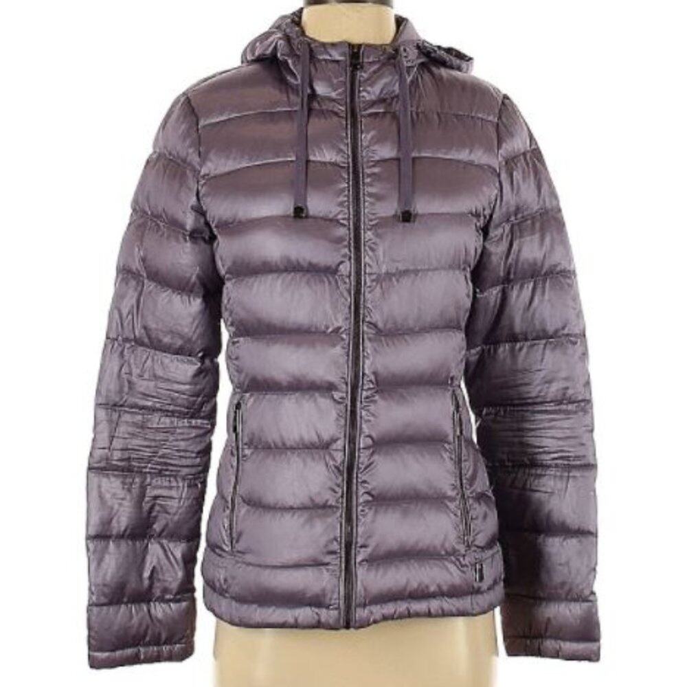 ANDREW MARC CLASSIC QUILTED PUFFY COAT HOODED SILVER PURPLE XS